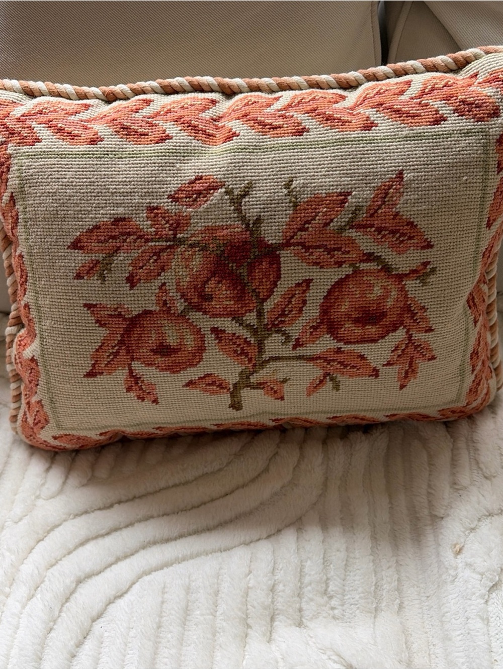 Katha  Diddel Embroidered Coral Floral Needlepoint Accent throw Pillow braided